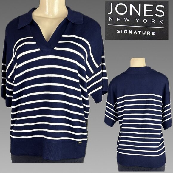 Jones New York L Navy-White Striped Split Neck Collar Short Sleeve Polo Sweater - Picture 1 of 6